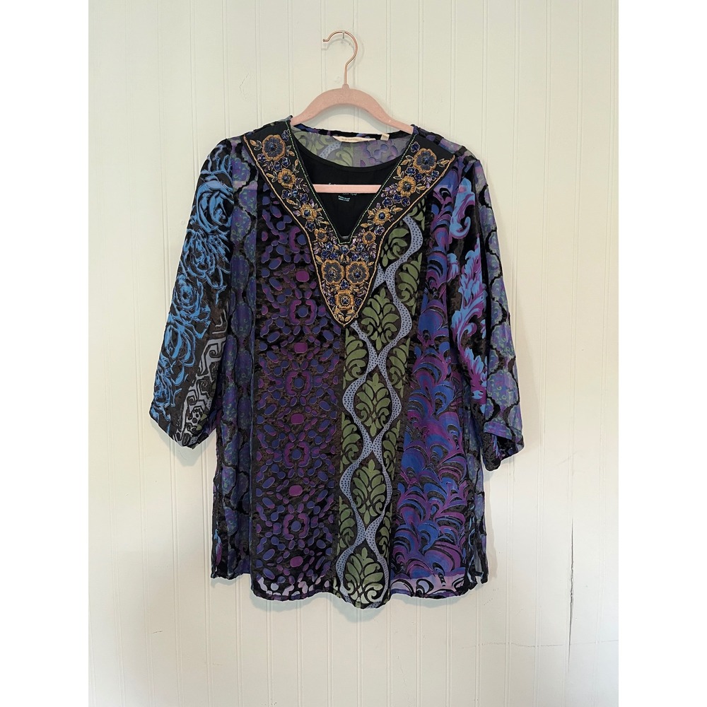 Womens Soft Surroundings Burnout Velvet Beaded Tunic Top Purple Blue Size Sp